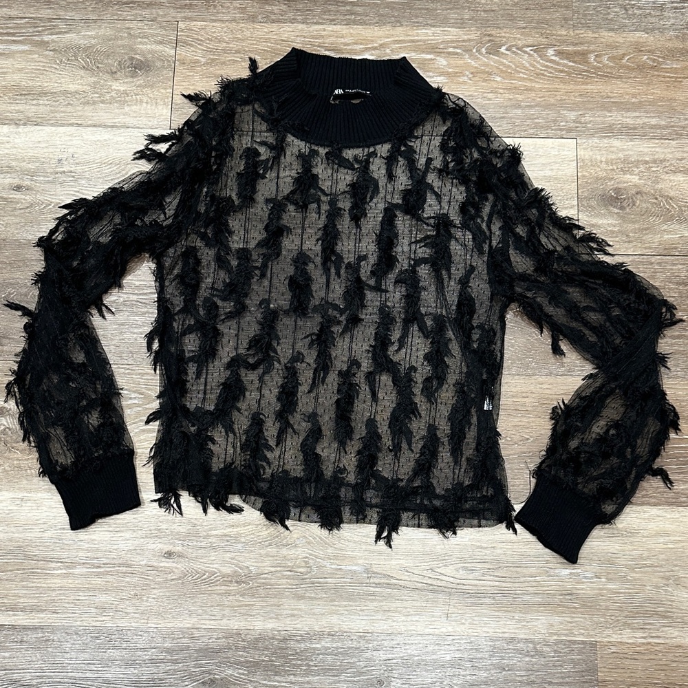 Zara Black Feathered Women's Blouse